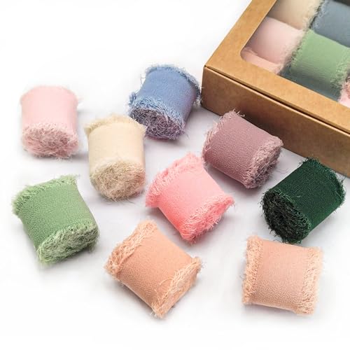 Chiffon-Seidenband für Geschenkverpackungen, Hochzeitseinladungen, Brautblumensträuße, gemischte Farben, handgefertigt, Fransenstoff, 2,5 cm x 22 m, 9 Rollen von OZXCHIXU