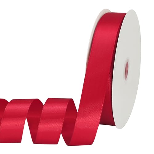 Doppelseitiges Satinband, 2,5 cm x 60 m, einfarbiges Band für Geschenkverpackungen, Abschlussdekorationen, Basteln, Haarschleifen, Hochzeitsdekoration, Nähen, Blumensträuße, Brautkranz, D-Rot von OZXCHIXU