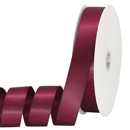 Doppelseitiges Satinband, 2,5 cm x 60 m, einfarbiges Band für Geschenkverpackungen, Abschlussdekorationen, Basteln, Haarschleifen, Hochzeitsdekoration, Nähen, Blumensträuße, Brautkranz (G Weinrot) von OZXCHIXU