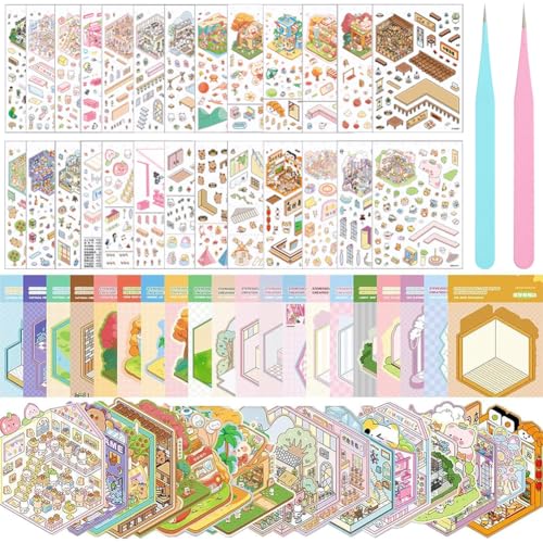 20 Sätze DIY 3D Sticker House Set mit 2 Pinzette, Hausaufkleber 3D Miniature Scene Stickers, Aufkleber Scene Selbermachen von Kaffeehaus Bäckerei Vergnügungspark für Erwachsene und Kinder von OZXVXZO