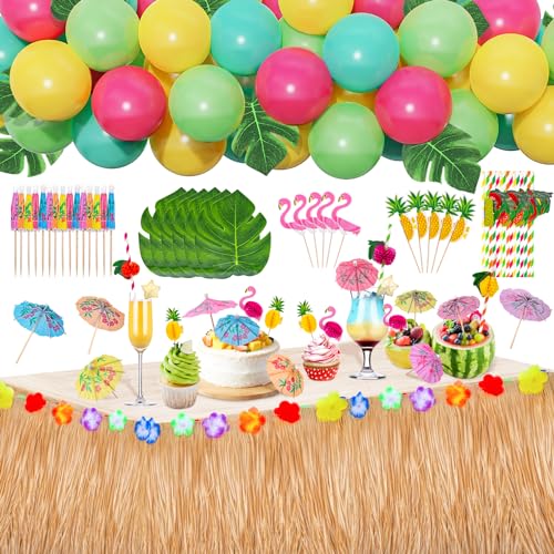 Obcarn Hawaii Party Dekoration Set,74 Stück Tropische Party Dekoration Set, Hawaii Luau Tischröcke，Hawaii Tischröcke, Ballon Arch, Künstliche Palmenblätter, Kuchendeckel, strohhalme MEHRWEG von Obcarn
