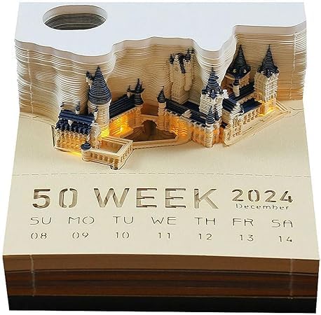 Obelevi 3D-Notizblock, 2024 Tischkalender-Notizblock, 3D-Magic Castle-Wochenkalender-Notizblock mit Licht und Stifthalter, 3D-Kunst-Notizblock, kreatives Papierskulptur-DIY-Geschenk (Kalender 2024) von Obelevi