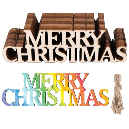 50pcs Frohe Weihnachtsschild unvollendetes Farbe Holzschild mit Seilhänge Weihnachten Ornamente für Baumstecke, Dekor, Baum Ornamente von Obelunrp