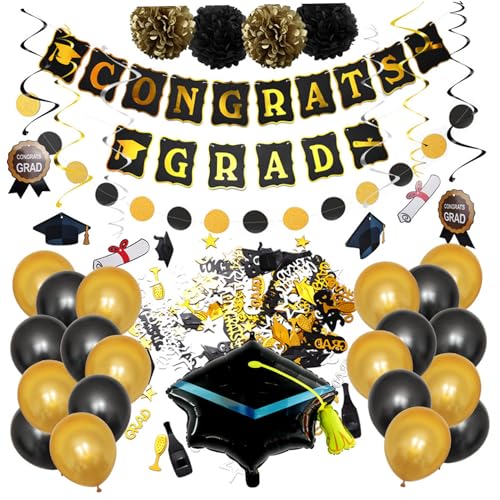 Abschlussdekorationen Klasse von 2024, 1Set 2024 Abschlussdekorationen mit Luftballons, Streamern, Bannern und Blumenkugeln für High School & College -Feierlichkeiten (schwarzes Golden) von Obelunrp