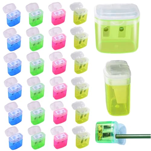 Obelunrp 24pcs Bleistiftschärfer mit Deckel 2x2x1 '' Bleistiftschärfer Masse mit zwei Größen Plastikhandbuch Schärfer für Kinder, Schüler, Lehrer und Künstler, Bulk von Obelunrp