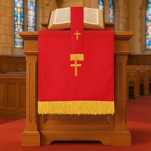 Obelunrp Set von 3 reversiblen Paramentssätzen umfasst rote Tischläufer, Lesezeichen und gestickte Kanzelschal mit Goldkreuz für Kirchen Kanzel, Redchurch Supplies Obelunrp Set von 3 reversiblen Paramentssätzen umfasst rote Tischläufer, Lesezeichen und gestickte Kanzelschal mit Goldkreuz für Kirchen Kanzel, Redchurch Supplies von Obelunrp