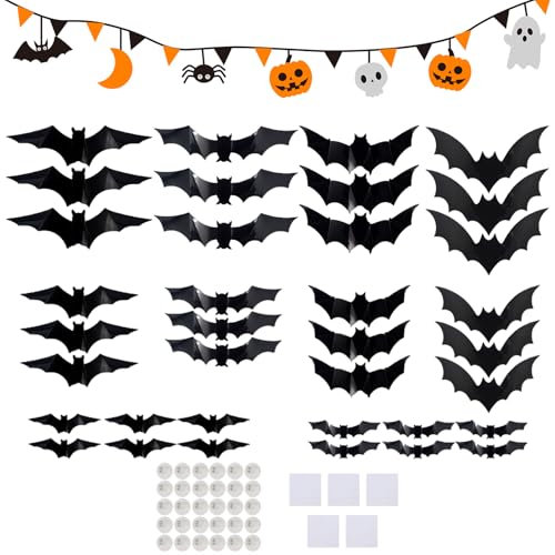 Halloween Fledermäuse Aufkleber | 36 Stück Halloween Wanddeko 3D mit Lichtern – für Tür, Fenster, Koffer, Schule, Schlafzimmer, Klassenzimmer, Party, Spukhaus von Obesntln