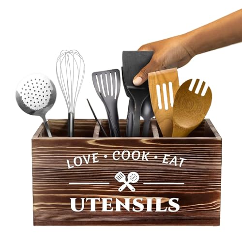 Utensilien-Aufbewahrungsbox, Küchenutensilien-Organizer aus Holz | Geteilter Utensilien-Organizer mit großer Kapazität | Theken-Utensilienhalter für Spatel, Zangen, von Obesntln