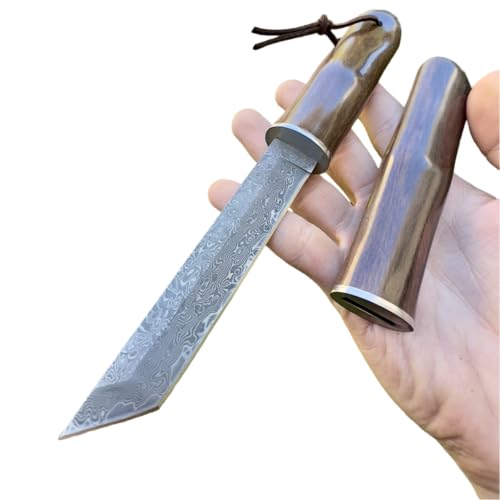 Obespina Feststehendes Messer Tanto-Klinge Japanischer Damaststahl Suminagashi San-Mai Camping Ganzheitliche Scheide Holz Geschenk für Männer Sammlung Handwerkskunst Jagd Wandern EDC Custom Outdoor von Obespina