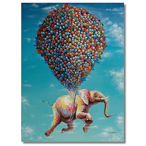 Objectz Wandbild fliegender Elefant 99 Luftballons - handbemalt auf Leinwand mit Acryl auf Giclée - aufhängfertig (40x60) von Objectz