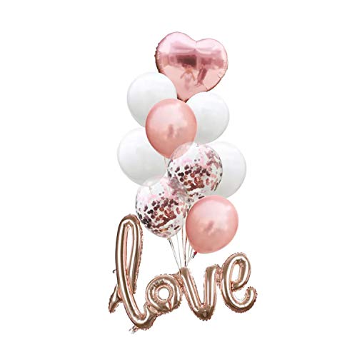 Oblique Unique® 10 Deko Ballons Konfetti Folien Luftballon Set mit Herz und Love Motiv für Hochzeit JGA Junggesellinnenabschied Roségold Weiß von Oblique Unique