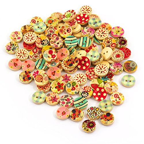 Oblique-Unique® 100 Stück Holzknöpfe Rund im farbenfrohen Blumen Design I Durchmesser 15mm - Nähen Kleidung Deko Basteln von Oblique Unique