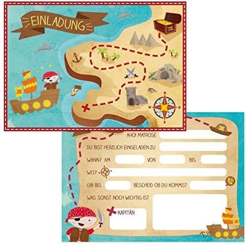 Oblique Unique® 12 Einladungskarten zum Kindergeburtstag Pirat // Geburtstagseinladungen Jungen Mädchen Kinder Einladungen Schatzkarte Schatzsuche Piratenparty Geburtstag Karten Set von Oblique Unique