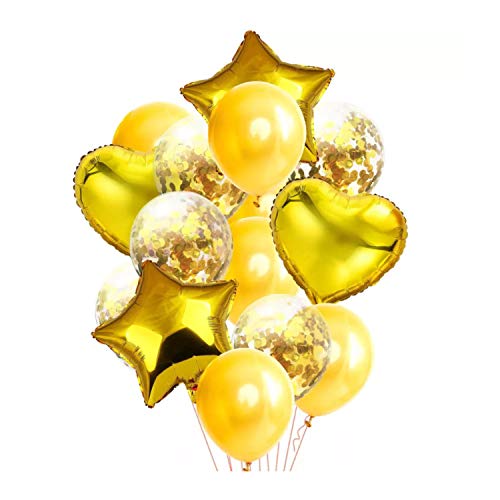 Oblique Unique® 14 Deko Ballons Konfetti Folien Luftballon Set mit Herzen Sternen für Geburtstag Feier Jubiläum Hochzeit JGA Gold von Oblique Unique