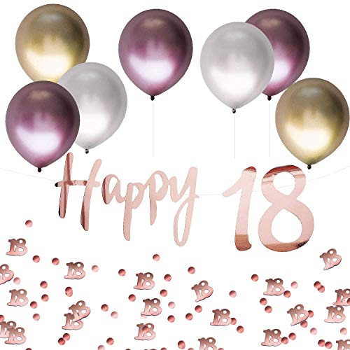 Oblique Unique® 18. Geburtstag Jubiläum Party Feier Deko Set - Happy 18 Girlande + Luftballons im Metallic Look + Konfetti Zahl 18 - Roségold Rosa Gold Silber von Oblique Unique