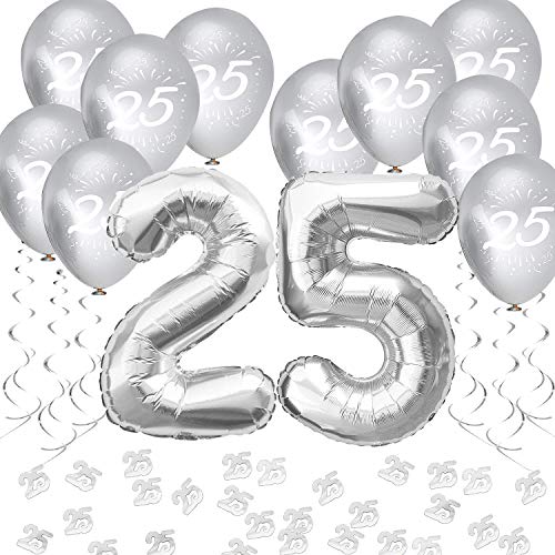 Oblique Unique® 25. Geburtstag Silberhochzeit Silberne Hochzeit Party Feier Deko Set - Folien Ballons Zahl 25 + Luftballons + Konfetti + Deckenhänger Spiral Girlanden - Silber von Oblique Unique