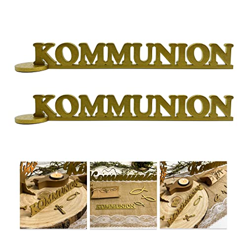 Oblique Unique® 2er Set Schriftzug Kommunion aus Holz als Tischdeko für Kommunion Deko Junge Mädchen Verzierung Dekoration (Gold) von Oblique Unique