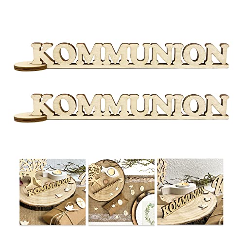 Oblique Unique® 2er Set Schriftzug Kommunion aus Holz als Tischdeko für Kommunion Deko Junge Mädchen Verzierung Dekoration (Natur) von Oblique Unique
