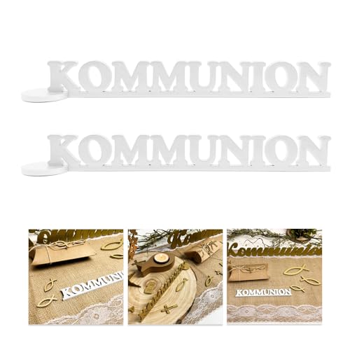 Oblique Unique® 2er Set Schriftzug Kommunion aus Holz als Tischdeko für Kommunion Deko Junge Mädchen Verzierung Dekoration (Weiß) von Oblique Unique
