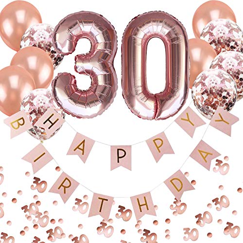 Oblique Unique® 30. Geburtstag Party Feier Deko Set - Happy Birthday Girlande + Folien Luftballons Zahl 3 und 0 + Konfetti Luftballon Set + Konfetti Zahl 30 - Roségold Rosa Champagner von Oblique Unique