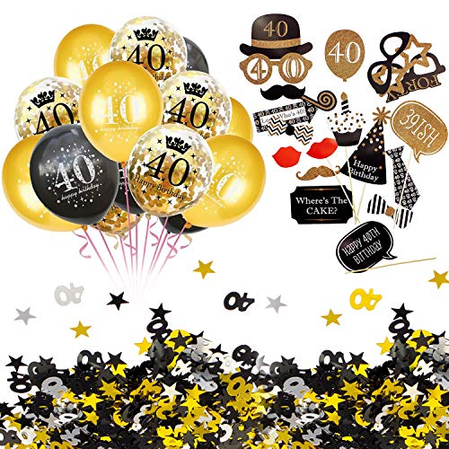 Oblique Unique® 40. Geburtstag Party Feier Deko Set - Happy Birthday 40 Konfetti Luftballons Set + Fotorequisiten Fotoaccessoires + Konfetti Zahl 40 + Sterne Gold Silber Schwarz Mix von Oblique Unique