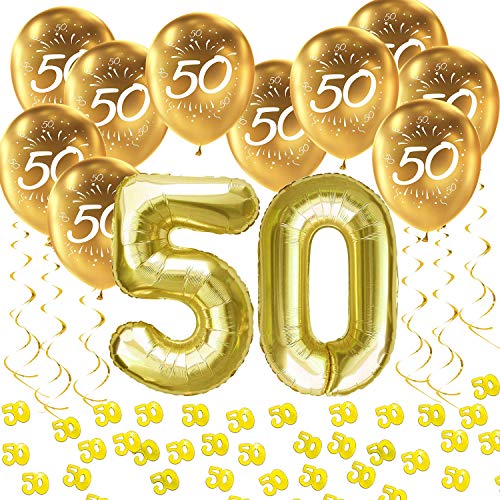 Oblique Unique® 50. Geburtstag Goldene Hochzeit Jubiläum Party Feier Deko Set - Folien Ballons Zahl 50 + Luftballons + Konfetti + Deckenhänger Spiral Girlanden - Gold von Oblique Unique