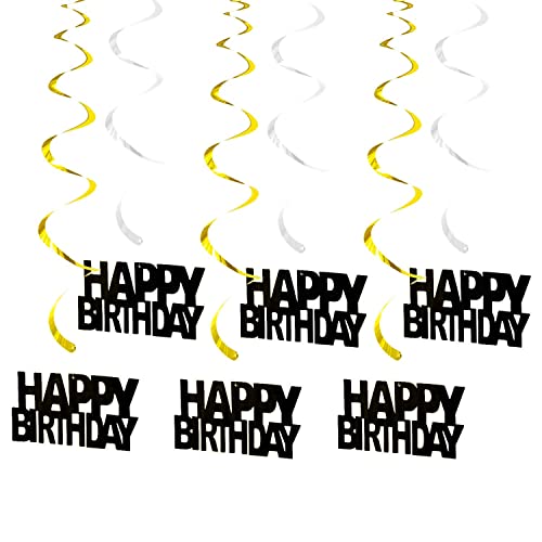 Oblique Unique® 6 Spiral Wirbel Deckenhänger Girlanden Happy Birthday Geburtstag Jubiläum Hängedeko mit Bändern und Ösen Geburtstagsdeko - Gold Schwarz Silber von Oblique Unique