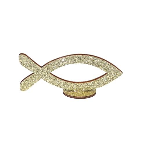 Oblique Unique® Deko Fisch Aufsteller Glitzer aus Holz Tisch Dekoration für Taufe Kommunion Konfirmation Hochzeit Ostern (Gold) von Oblique Unique