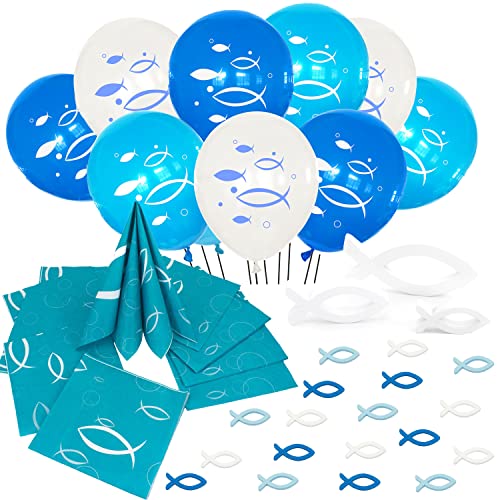 Oblique Unique® Deko Set für Taufe Kommunion Konfirmation Junge - 10 Luftballons + 18 Holz Fische + 3 Deko Fische + 20 Servietten - Blau Weiß Türkis von Oblique Unique