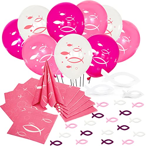 Oblique Unique® Deko Set für Taufe Kommunion Konfirmation Mädchen - 10 Luftballons + 18 Holz Fische + 3 Deko Fische + 20 Servietten - Rosa Pink Weiß von Oblique Unique