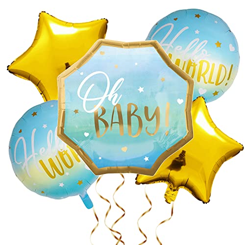 Oblique Unique® Folien Luftballon Set: 5x Ballons (Oh Baby!, Hello World!, Stern) - Blau, Weiß, Gold - Metallischer Glanz - Baby Shower, Party Deko - Unisex-Babys von Oblique Unique