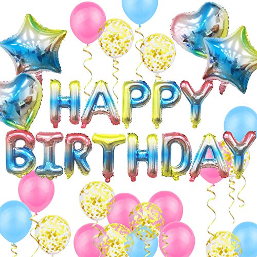 Oblique Unique® Geburtstag Kindergeburtstag Party Feier Deko Set - Happy Birthday + Herzen + Sterne Folien Luftballons + Konfetti Ballon Set (Bunt) von Oblique Unique
