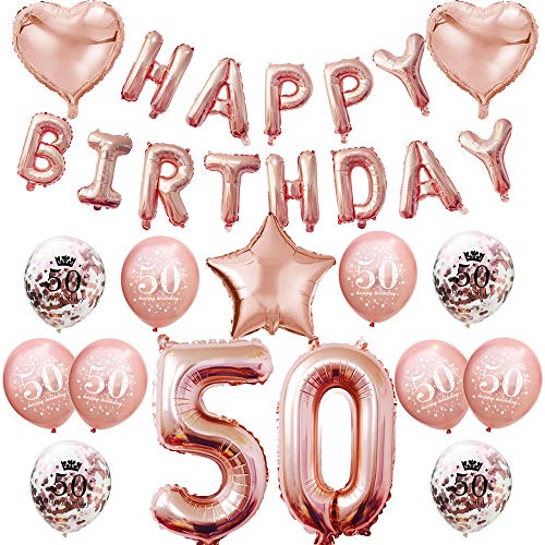 Oblique Unique® Geburtstag Party Feier Deko Set - Happy Birthday + Zahl Folien Luftballons + Herzen + Stern + Konfetti Ballon Set Roségold (Zahl 50) von Oblique Unique
