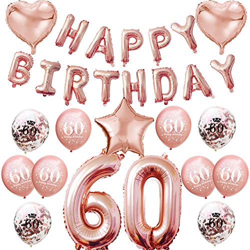 Oblique Unique® Geburtstag Party Feier Deko Set - Happy Birthday + Zahl Folien Luftballons + Herzen + Stern + Konfetti Ballon Set Roségold (Zahl 60) von Oblique Unique