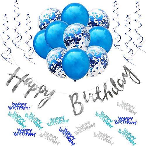 Oblique Unique® Geburtstagsdeko Jungen blau silber – Party Deko Set Kindergeburtstag mit Girlande, Konfetti Luftballons, Spiralhänger & Tischkonfetti – Geburtstag Deko Teenager & Jungen von Oblique Unique