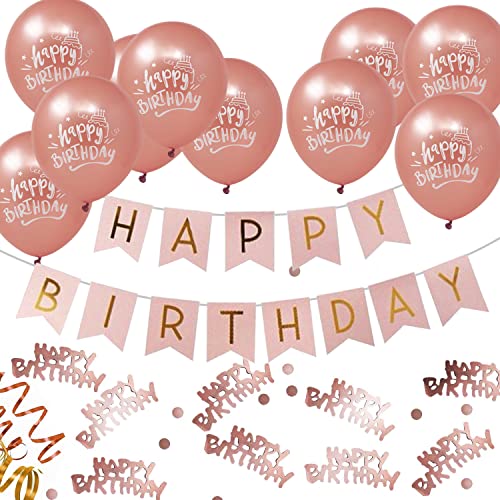 Oblique Unique® Geburtstagsdeko roségold Mädchen – Deko Set Kindergeburtstag rosa gold mit 2 Happy Birthday Girlanden, 10 Luftballons & 300 Konfetti – Partydeko Teenager, Mädels, Frauen von Oblique Unique