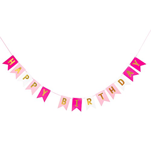 Oblique-Unique® Happy Birthday Girlande Banner mit Wimpeln 2m - Pink Rosa Weiß Gold - Geburtstag Party Deko von Oblique-Unique