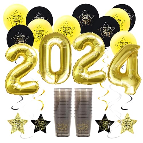 Oblique Unique® Happy New Year 2024 Silvester Neujahr Party Deko Set - Luftballon Set + 2024 Folien Ballon + Deckenhänger Spiral Girlanden + 20 Trinkbecher von Oblique Unique