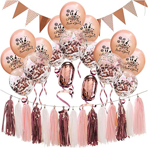 Oblique Unique® Happy New Year Silvester Neujahr Party Feier Deko Set - Girlande Deckenhänger Konfetti Luftballons 20m Folienband Quasten Girlande in Roségold Weiß Rosa Mix von Oblique Unique