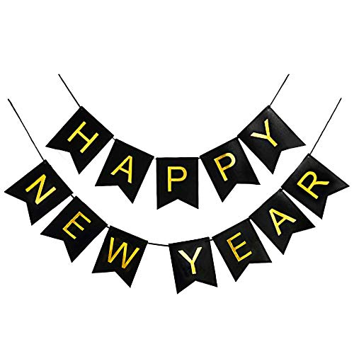 Oblique Unique® Happy New Year Wimpel Girlande Banner Wimpelkette Hängedeko für Silvester Neujahr Party Feier Deko Schwarz Gold von Oblique Unique