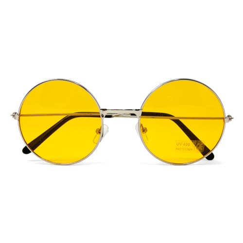 Oblique Unique® Hippie Brille Retro Sonnenbrille Rund für 60er 70er Jahre Party Flower Power Kostüm Accessoire Fasching Karneval Herren Damen (Gelb) von Oblique Unique