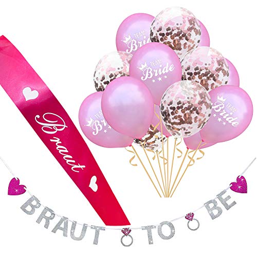 Oblique Unique® JGA Junggesellinnenabschied Hochzeit Party Feier Accessoire Set - Braut Schärpe + Braut to Be Girlande + Team Bride Konfetti Luftballon Set - Pink Rosa Silber von Oblique Unique