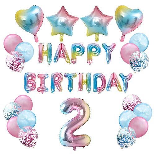 Oblique Unique® Kinder Geburtstag Party Feier Deko Set - Happy Birthday + Zahl Folien Luftballon + Herzen + Sterne + Konfetti Ballons Set Bunt (Zahl 2) von Oblique Unique