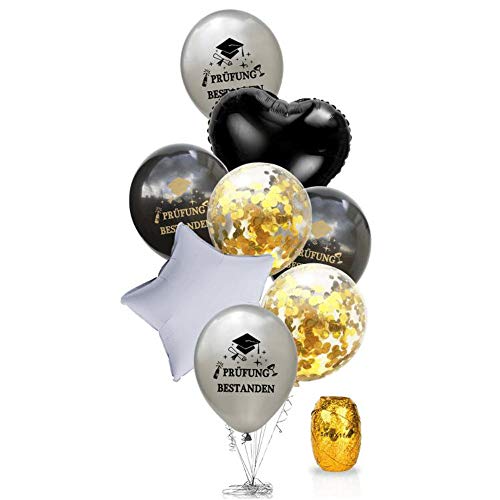 Oblique Unique® Konfetti Folien Luftballon Set Prüfung bestanden für Schulabschluss Abi Abitur Studium Führerschein Abschluss + Herz Stern Ballon - Silber Schwarz Gold Weiß von Oblique Unique