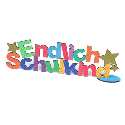 Oblique Unique® Schuleinführung Aufsteller aus Holz Stifte Endlich Schulkind ABC 123 Tisch Dekoration Einschulung (Endlich Schulkind) von Oblique Unique