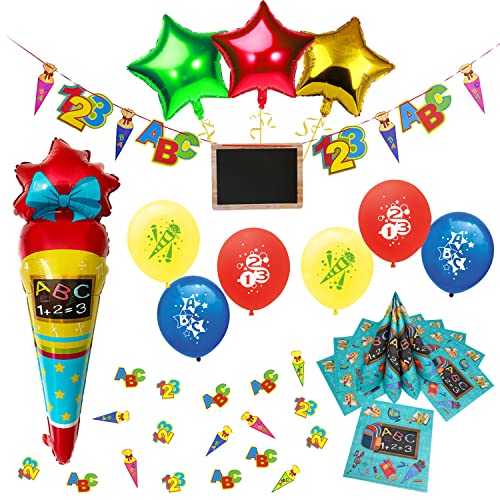 Oblique Unique® Schuleinführung Schulanfang Einschulung Deko Set - Folienballon Zuckertüte + Stern Ballons + ABC 123 Ballons + Girlande + Servietten + Konfetti von Oblique Unique