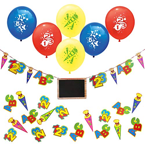 Oblique Unique® Schuleinführung Schulanfang Einschulung Deko Set für Junge und Mädchen - ABC 123 Zuckertüte Girlande mit Tafel + Luftballons + Konfetti von Oblique Unique