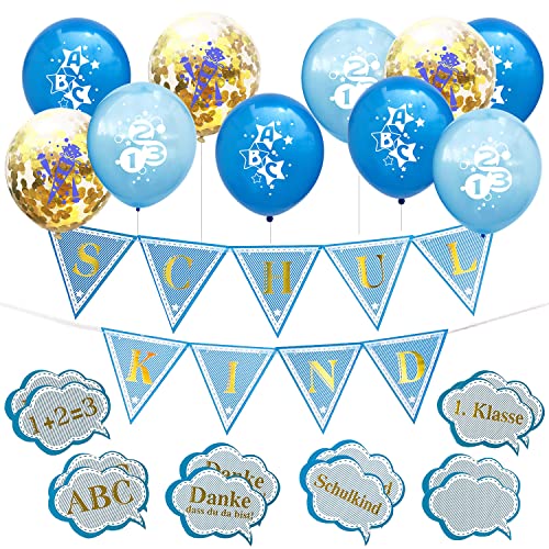 Oblique Unique Schuleinführung Schulanfang Einschulung Deko Set für Jungs - Luftballon Set mit ABC 123 Zuckertüte + 1 Schulkind Girlande + Konfetti von Oblique Unique