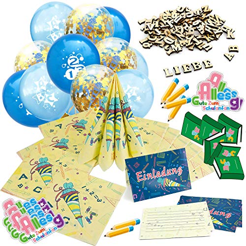 Oblique Unique® Schuleinführung Schulanfang Einschulung Deko Set für Jungs und Mädchen - Konfetti Luftballon Set + Einladungskarten + Servietten + Holz Buchstaben + Konfetti Set von Oblique Unique