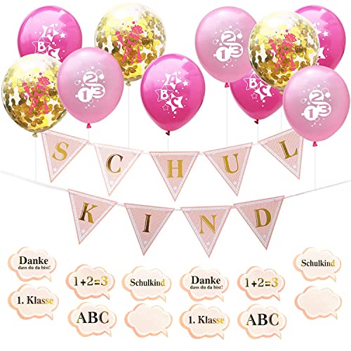 Oblique Unique® Schuleinführung Schulanfang Einschulung Deko Set für Mädchen - Konfetti Luftballon Set mit ABC 123 Zuckertüte Motiv + 1 Schulkind Wimpel Girlande + Konfetti Set von Oblique Unique